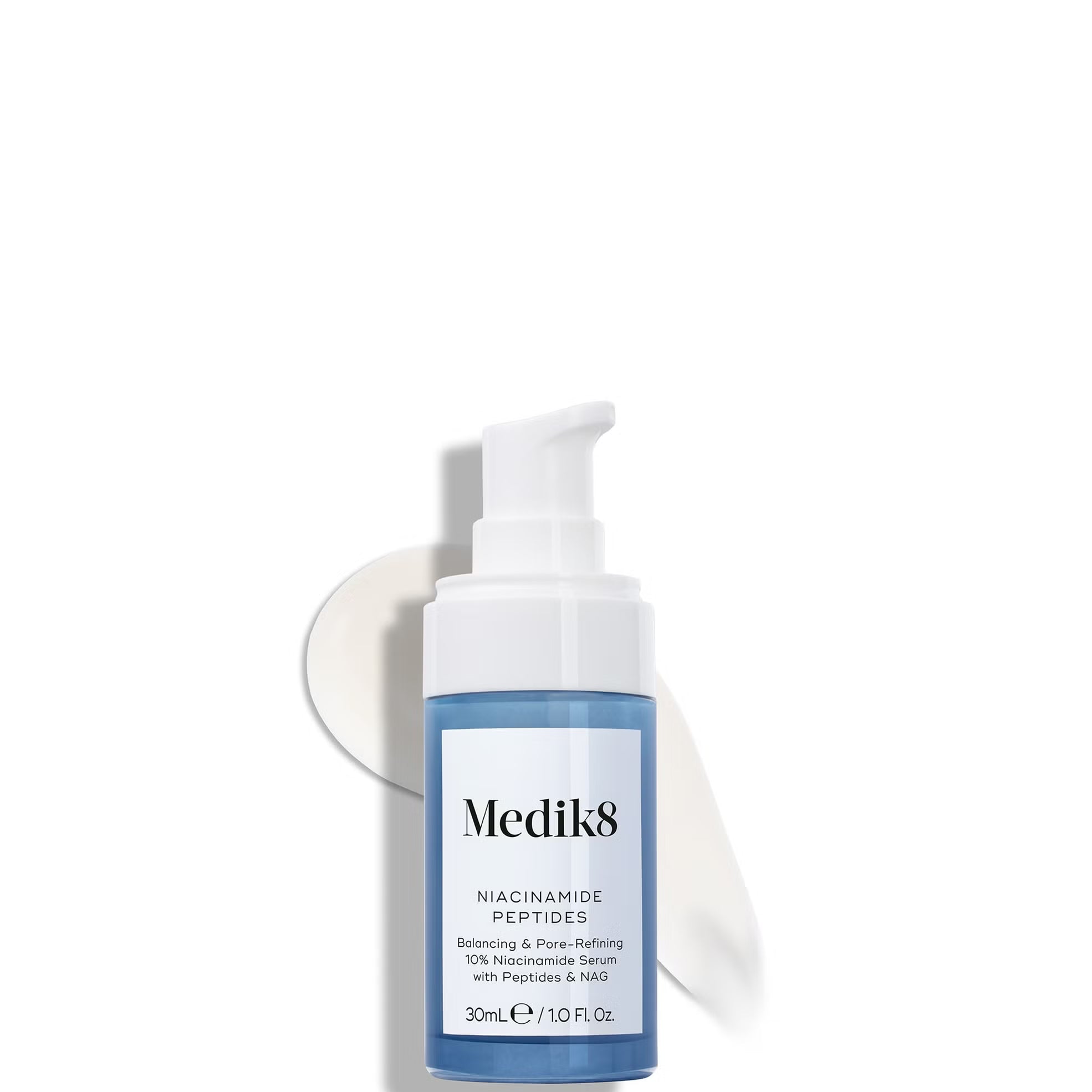 Medik8 skincare bottle with pump on a white background